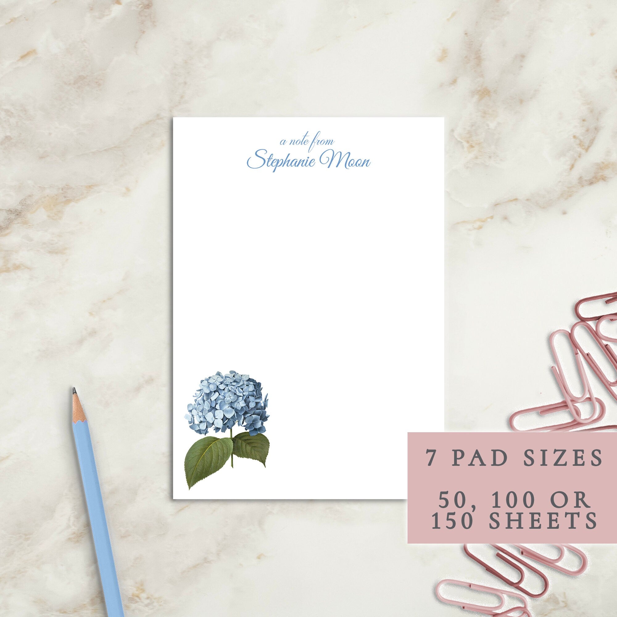 Blue Hydrangea Personalized Notepad | Custom Writing Pad | Teacher | Writing Pad | Notepad | Gift | Gift for Her | Graduation | Wedding