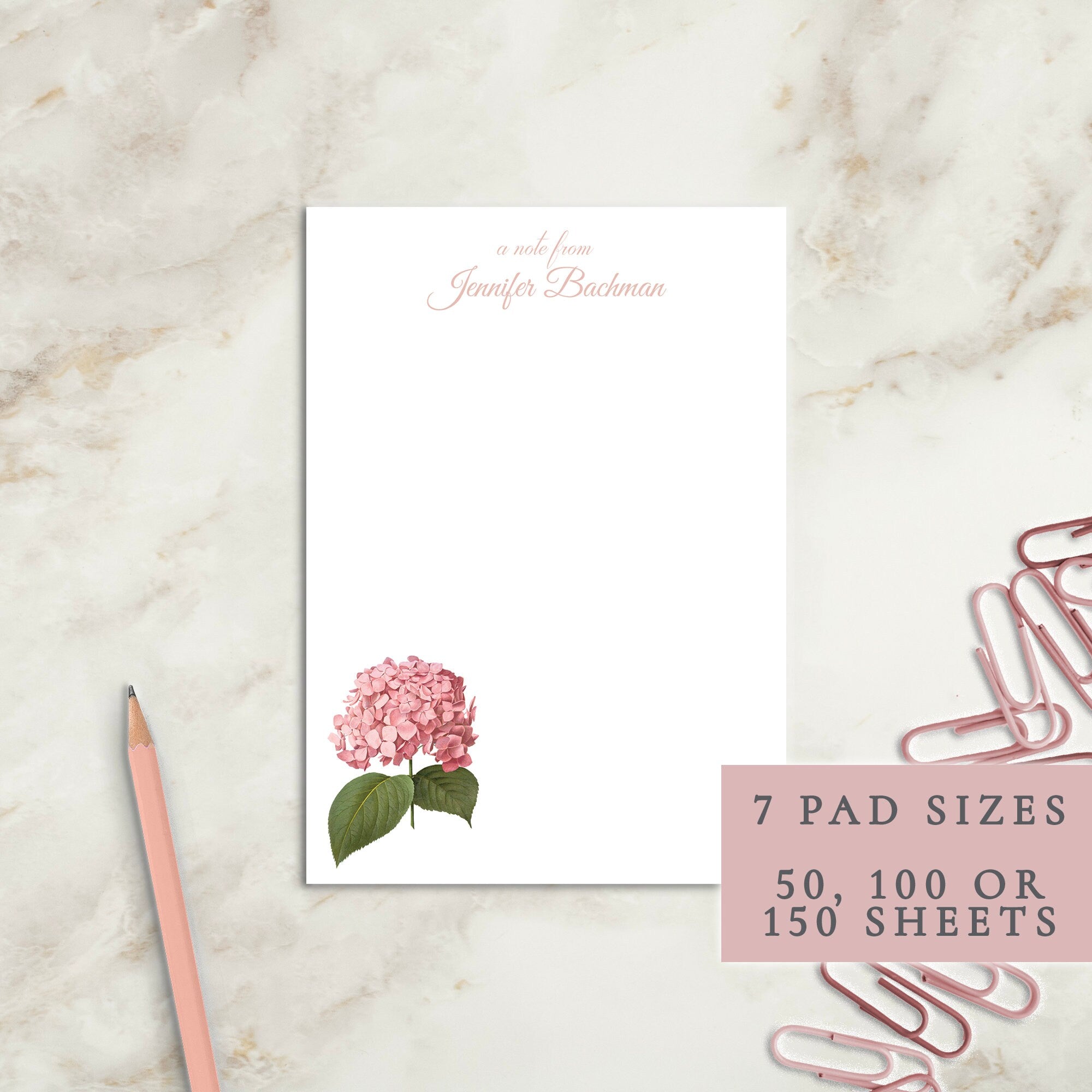 Pink Hydrangea Personalized Notepad | Custom Writing Pad | Teacher | Writing Pad | Notepad | Gift | Gift for Her | Graduation | Wedding