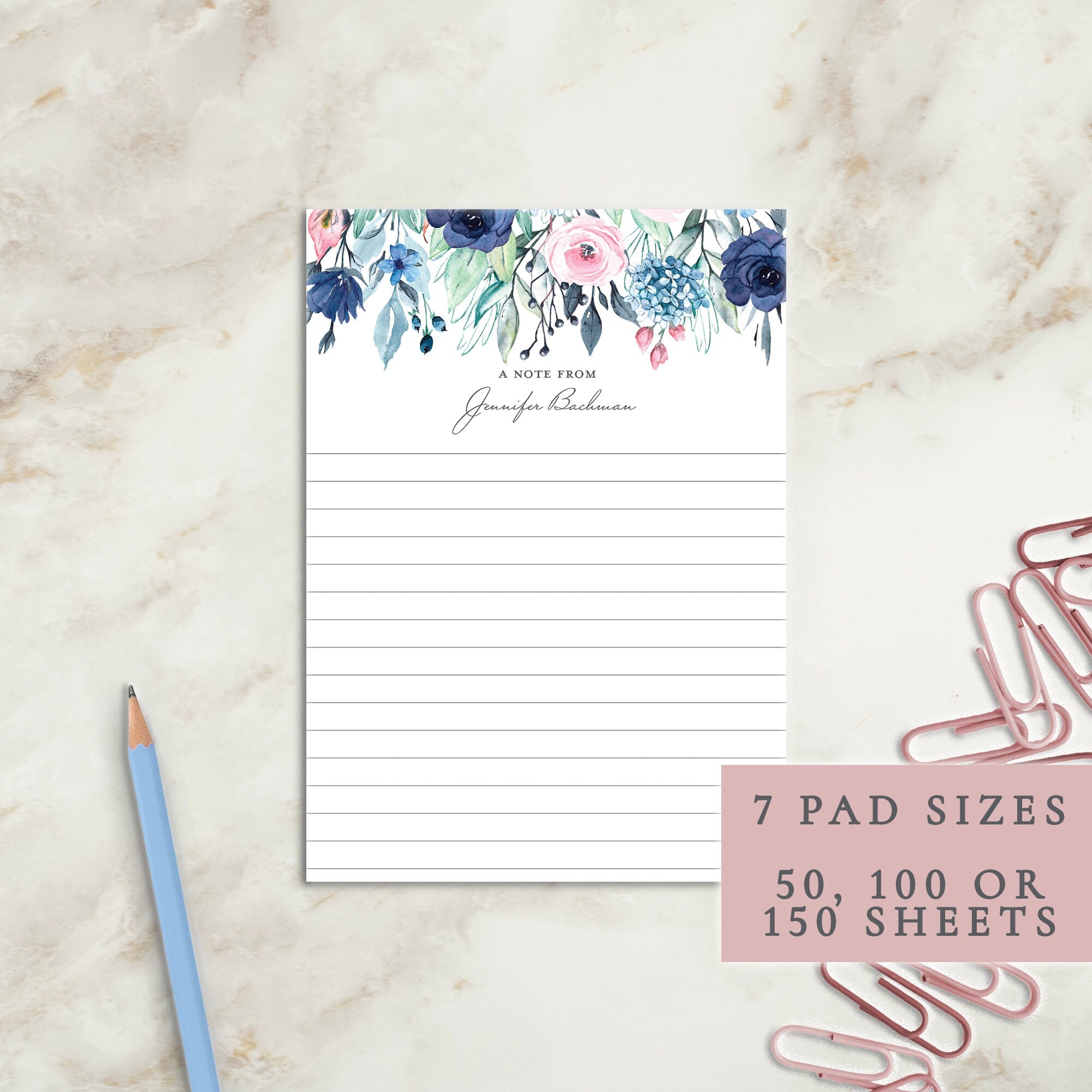 Floral Personalized Notepad | Custom Writing Pad | Teacher | Writing Pad | Notepad | Gift | Gift for Her | Graduation | Wedding