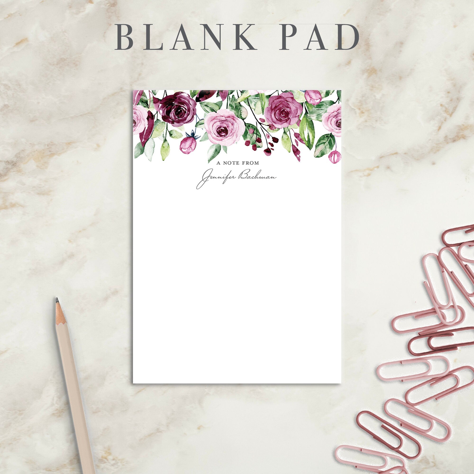 Watercolor Roses Personalized Notepad | Custom Writing Pad | Teacher | Writing Pad | Notepad | Gift | Gift for Her | Graduation | Wedding