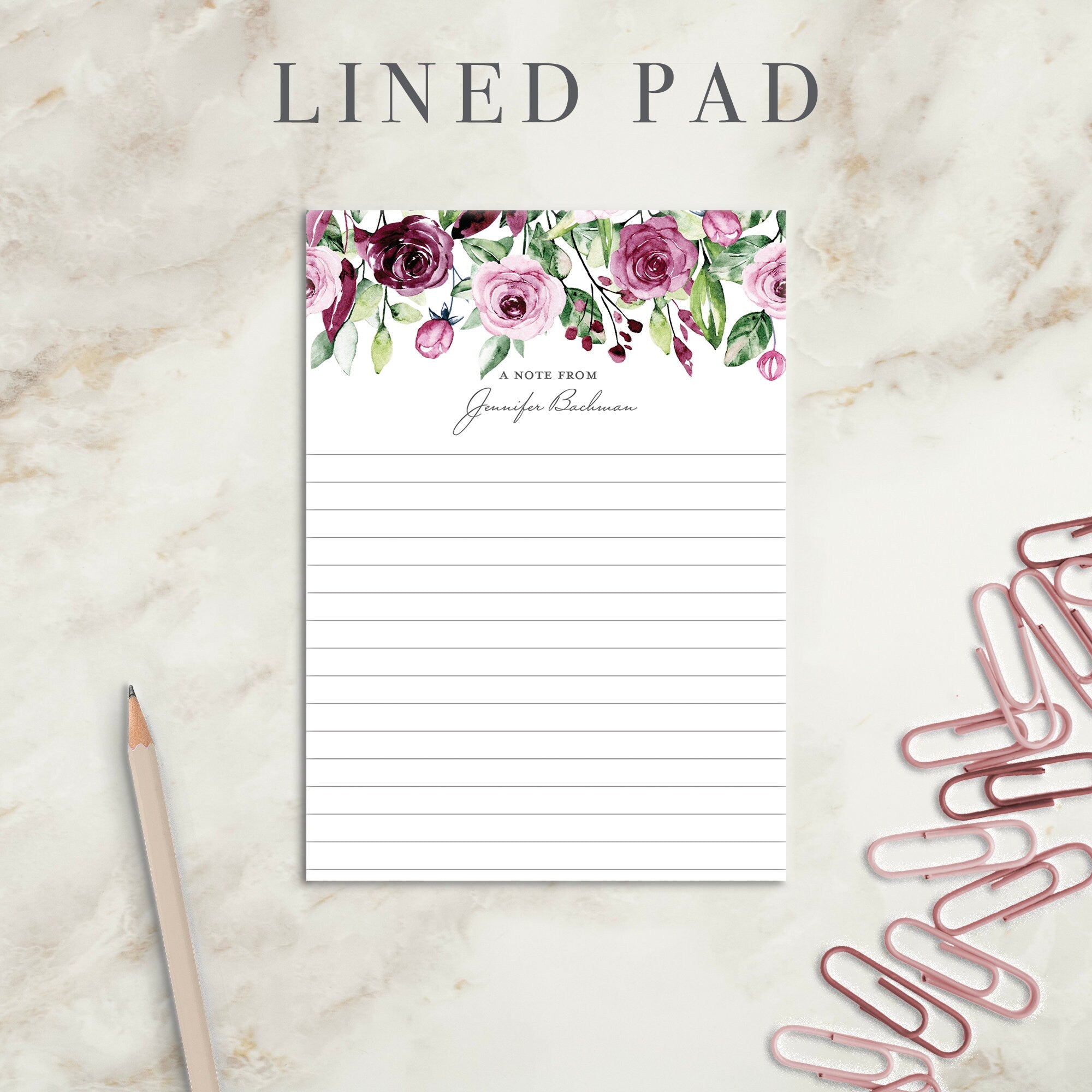 Watercolor Roses Personalized Notepad | Custom Writing Pad | Teacher | Writing Pad | Notepad | Gift | Gift for Her | Graduation | Wedding