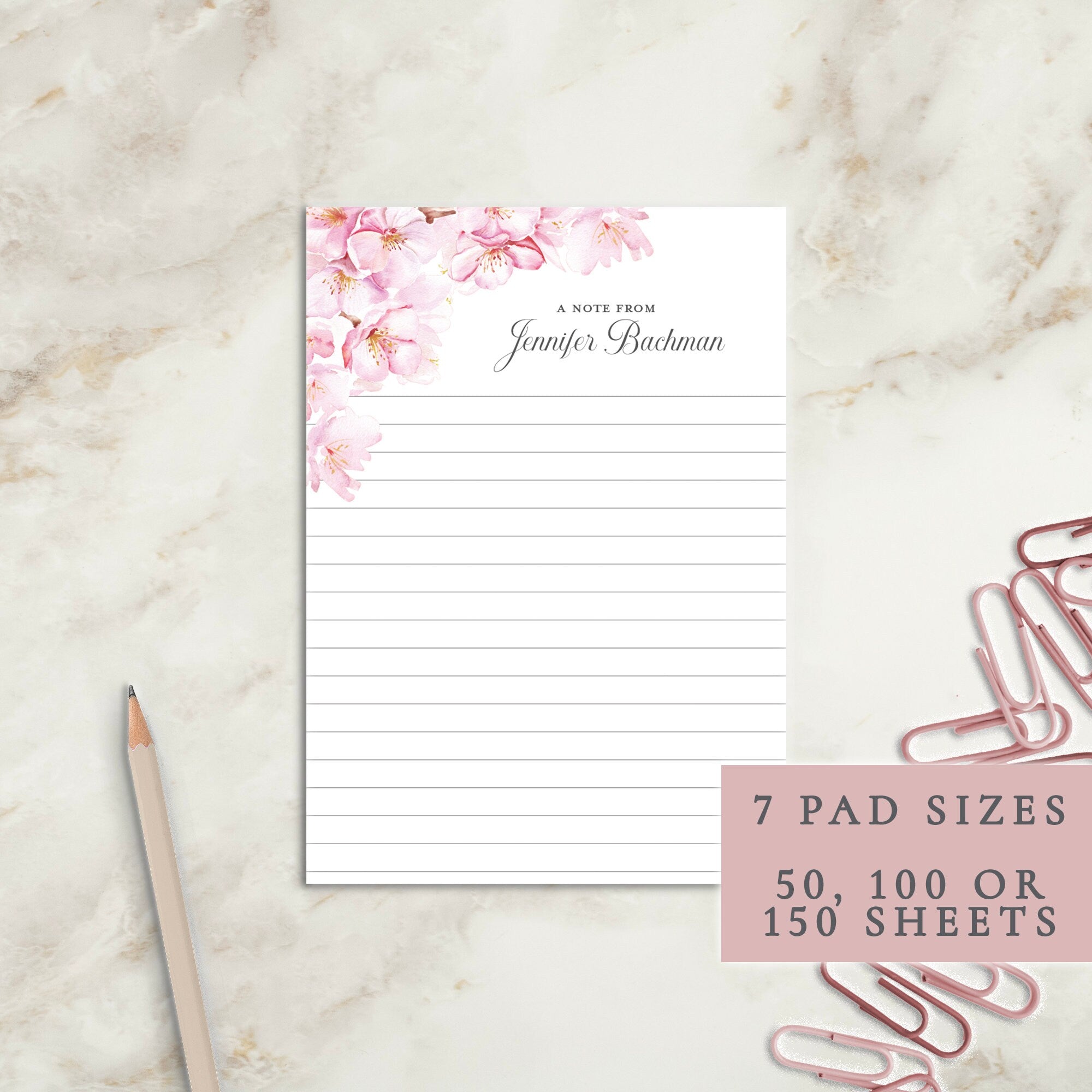 Cherry Blossom Personalized Notepad | Custom Writing Pad | Teacher | Writing Pad | Notepad | Gift | Gift for Her | Graduation | Wedding