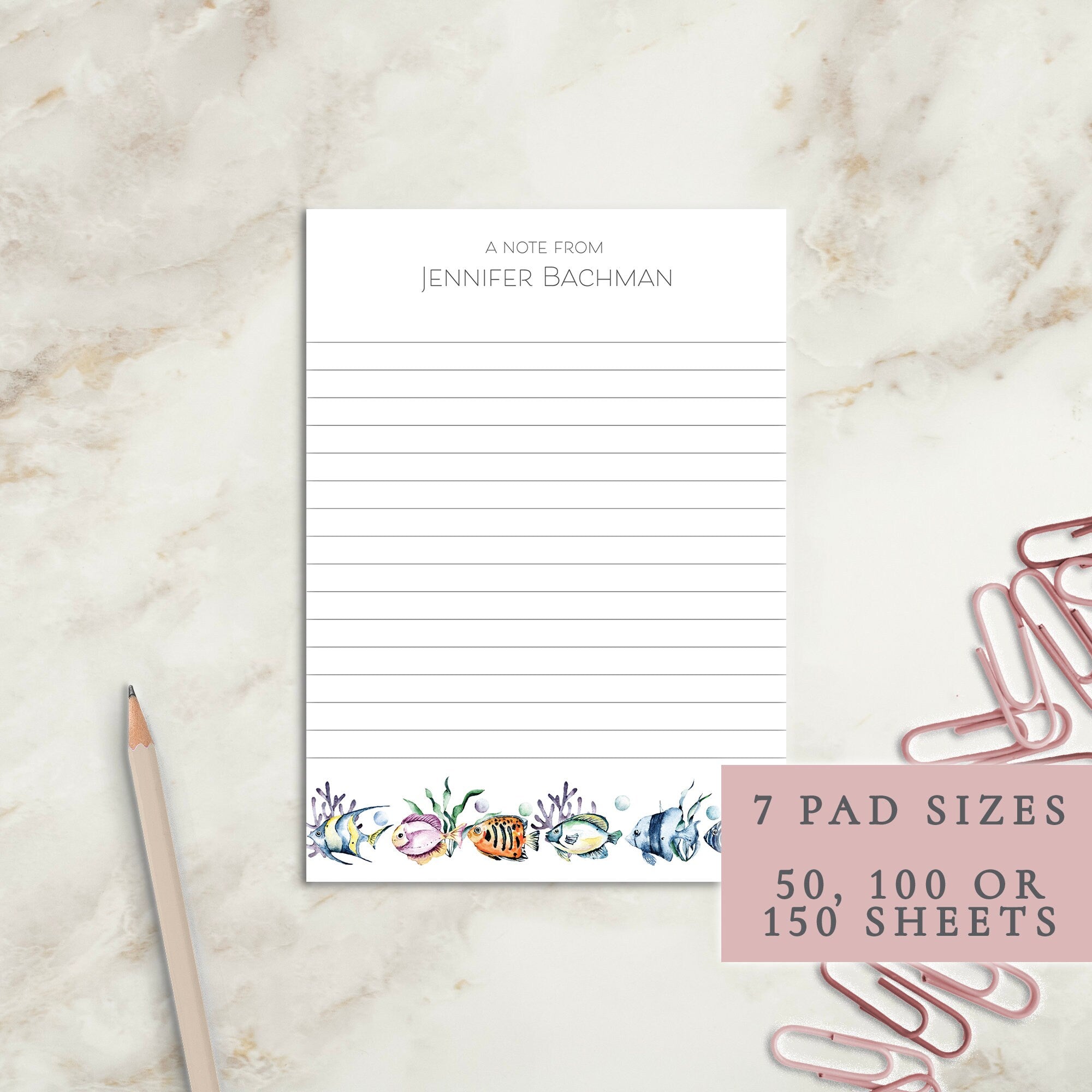 Tropical Fish | Beach House Notepad | Custom Writing Pad | Stationery | Writing Pad | Notepad | Hostess Gift | Small | Large | Personalized