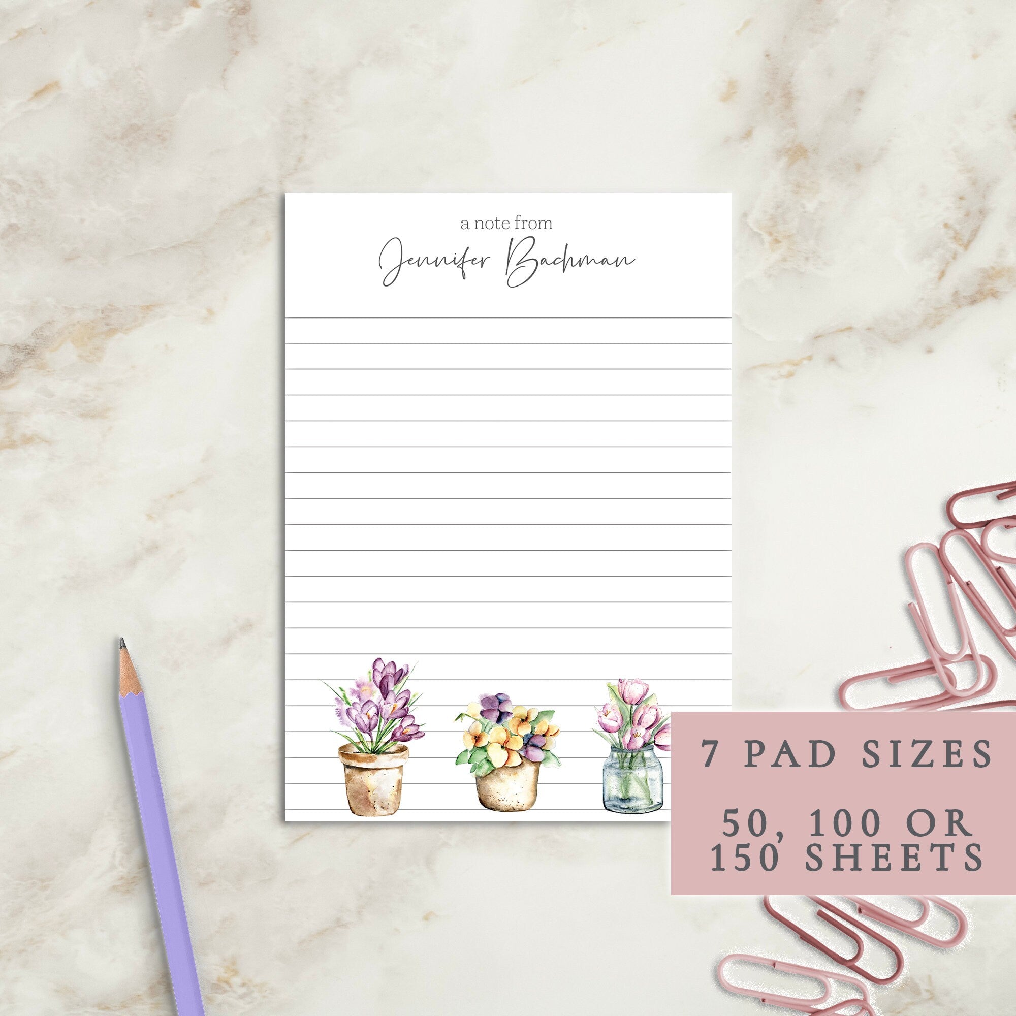 Spring Flowers Personalized Notepad | Custom Writing Pad | Teacher | Writing Pad | Notepad | Gift | Gift for Her | Graduation | Wedding