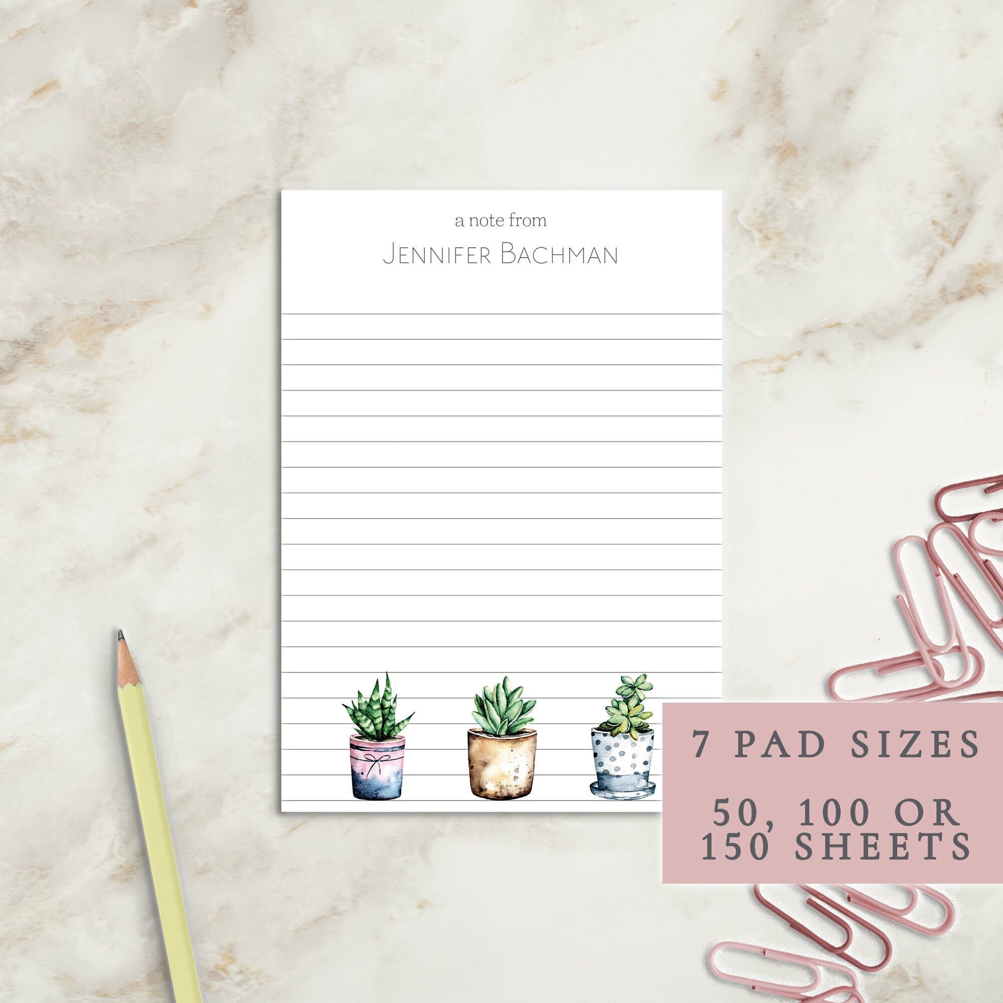 Succulent Personalized Notepad | Custom Writing Pad | Teacher | Writing Pad | Notepad | Gift | Gift for Her | Graduation | Wedding