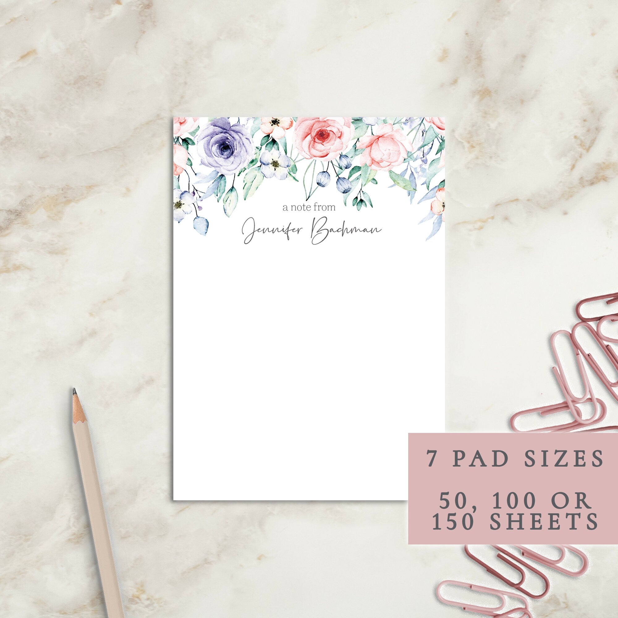 Flower Personalized Notepad | Custom Writing Pad | Teacher | Writing Pad | Notepad | Gift | Gift for Her | Graduation | Wedding