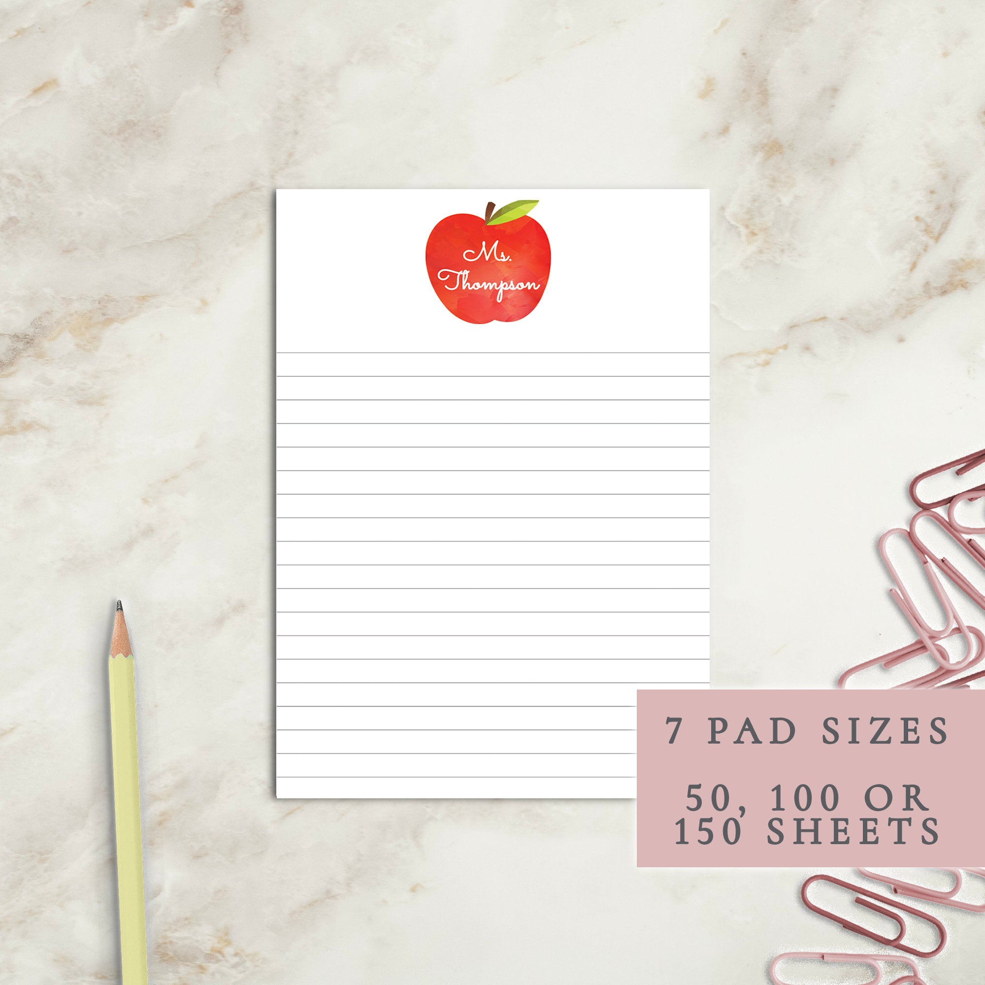 Apple Teacher Notepad | Personalized Notepad | Teacher Gift | Apple Notepad | Gift | Teacher Notepad | Elegant | Personal Notepad Custom