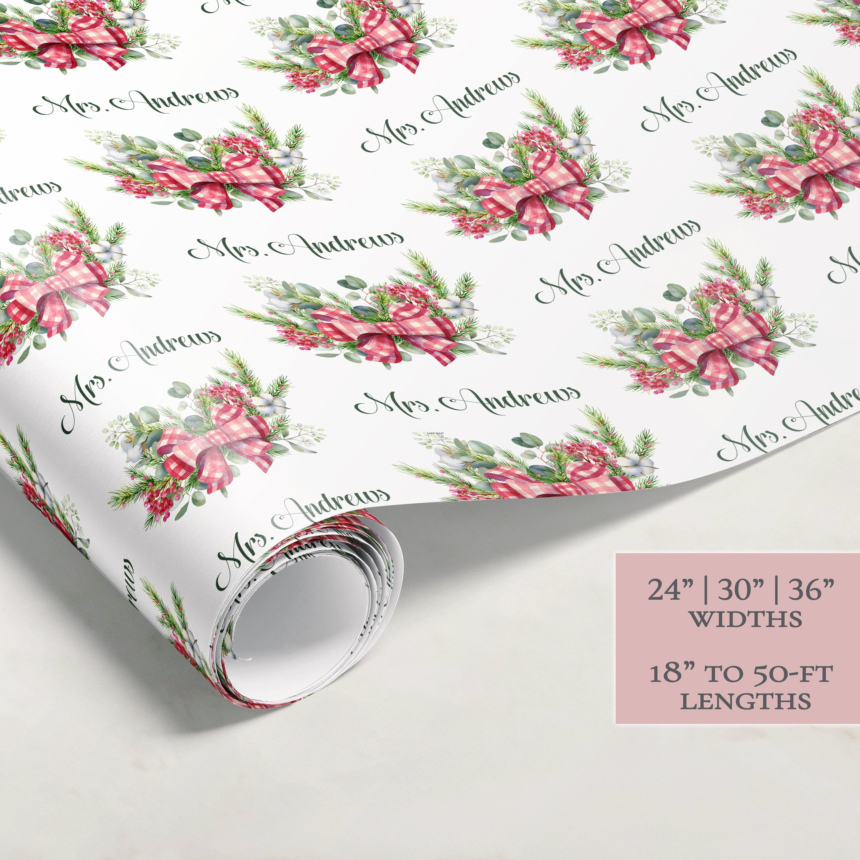 Plaid Bow Garland Christmas Wrapping Paper | Personalized Wrapping Paper | Wrapping Paper Rolls | Custom Gift Wrap | Name Wrapping Paper