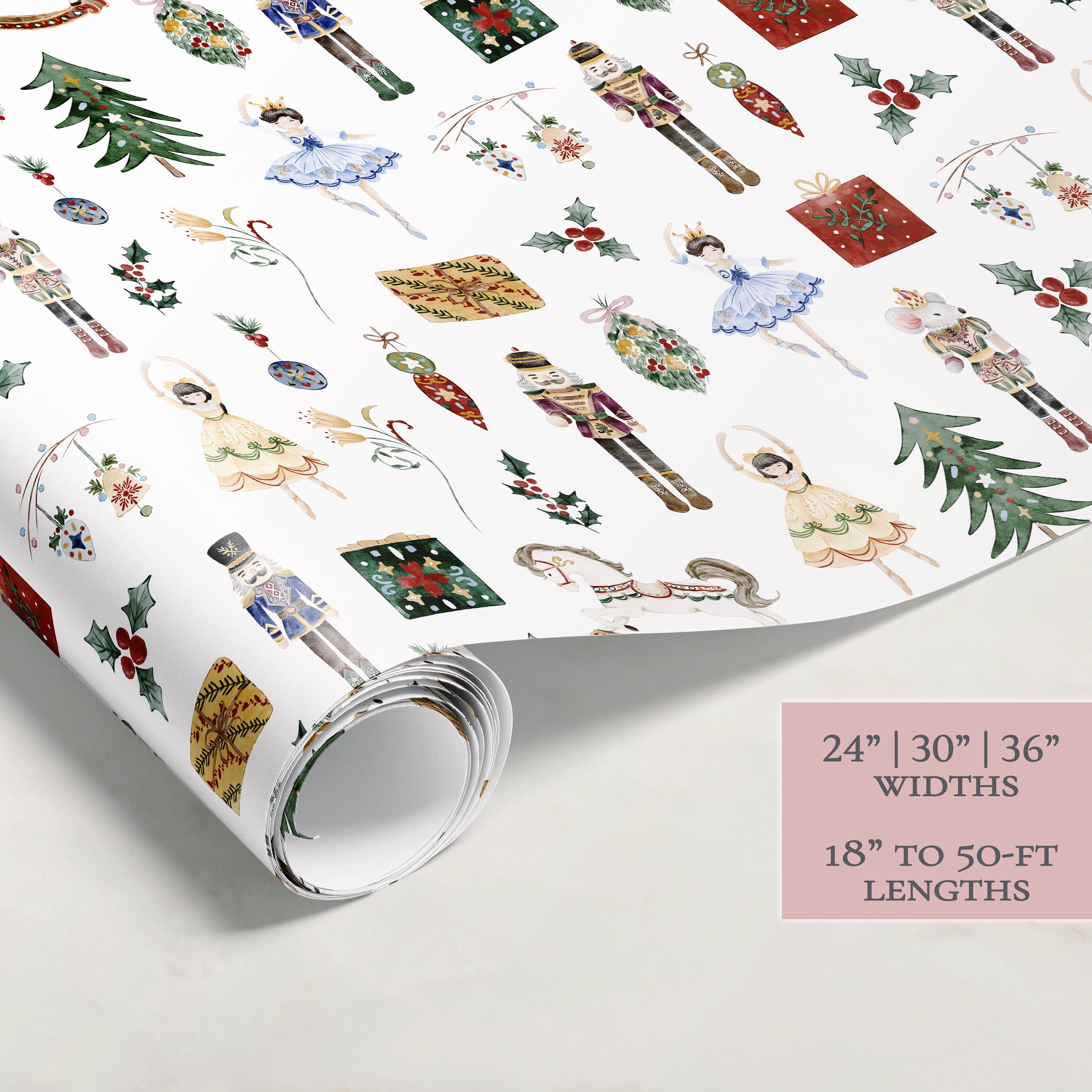 Nutcracker Tree Wrapping Paper | Christmas Wrapping Paper Roll | Holiday Gift Wrap | Holiday Watercolor | Holiday