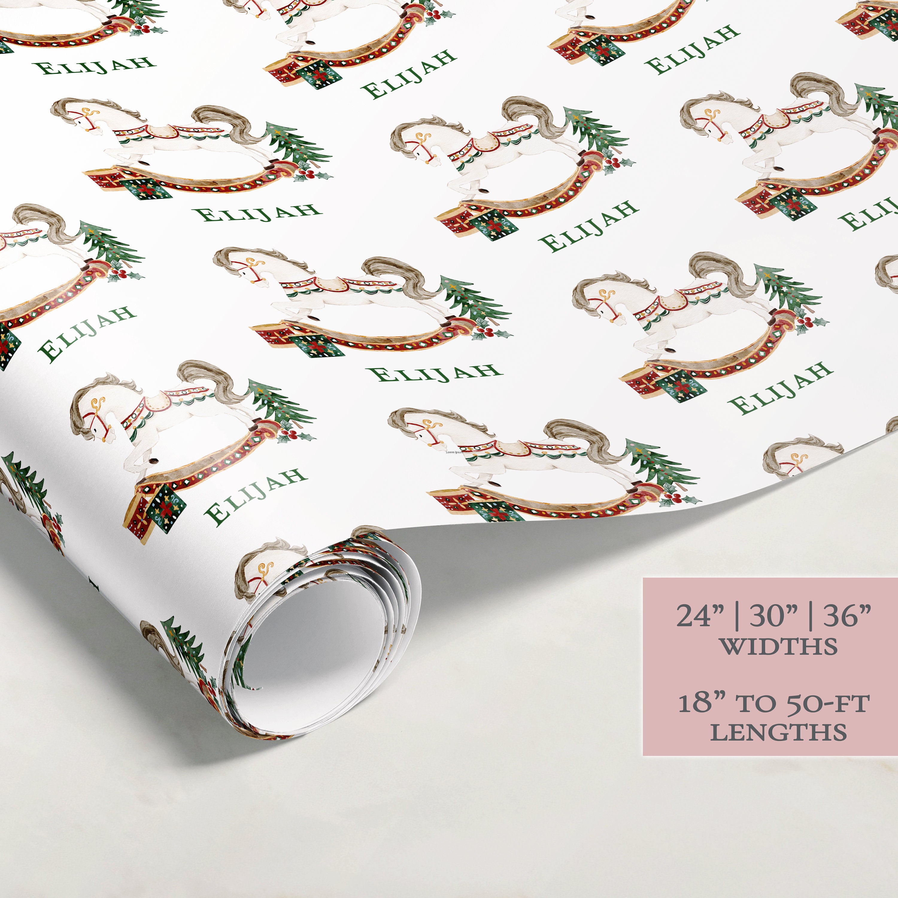 Christmas Rocking Horse Wrapping Paper | Personalized | Wrapping Paper Rolls | Custom Gift Wrap | Name | Holiday Gift | Christmas Tree