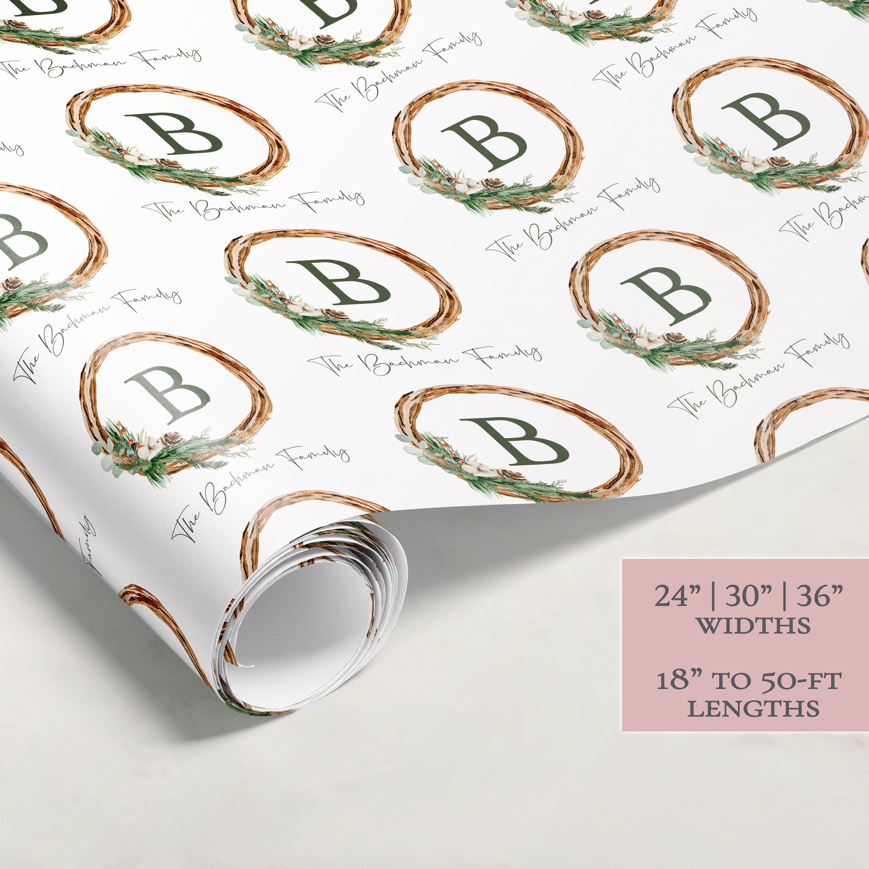 Wreath Christmas Wrapping Paper | Personalized Wrapping Paper | Personalized Gift | Custom Gift Wrap | Name Wrapping Paper | Holiday