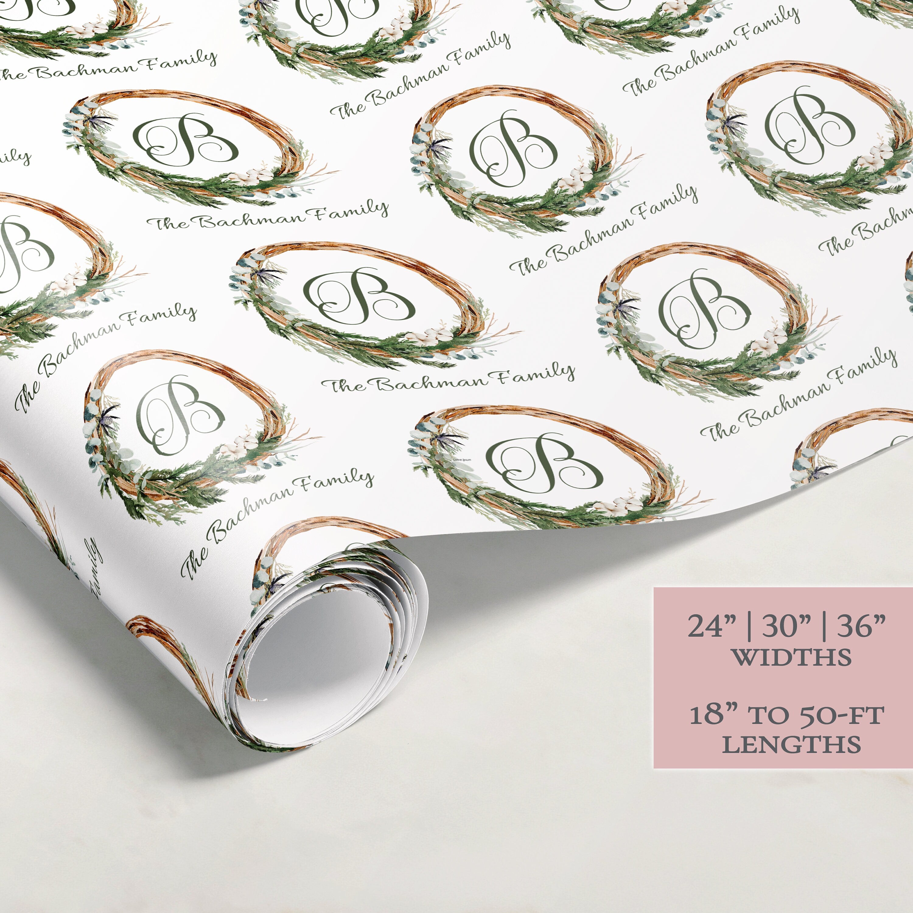 Wreath Christmas Wrapping Paper | Personalized Wrapping Paper | Personalized Gift | Custom Gift Wrap | Name Wrapping Paper | Holiday