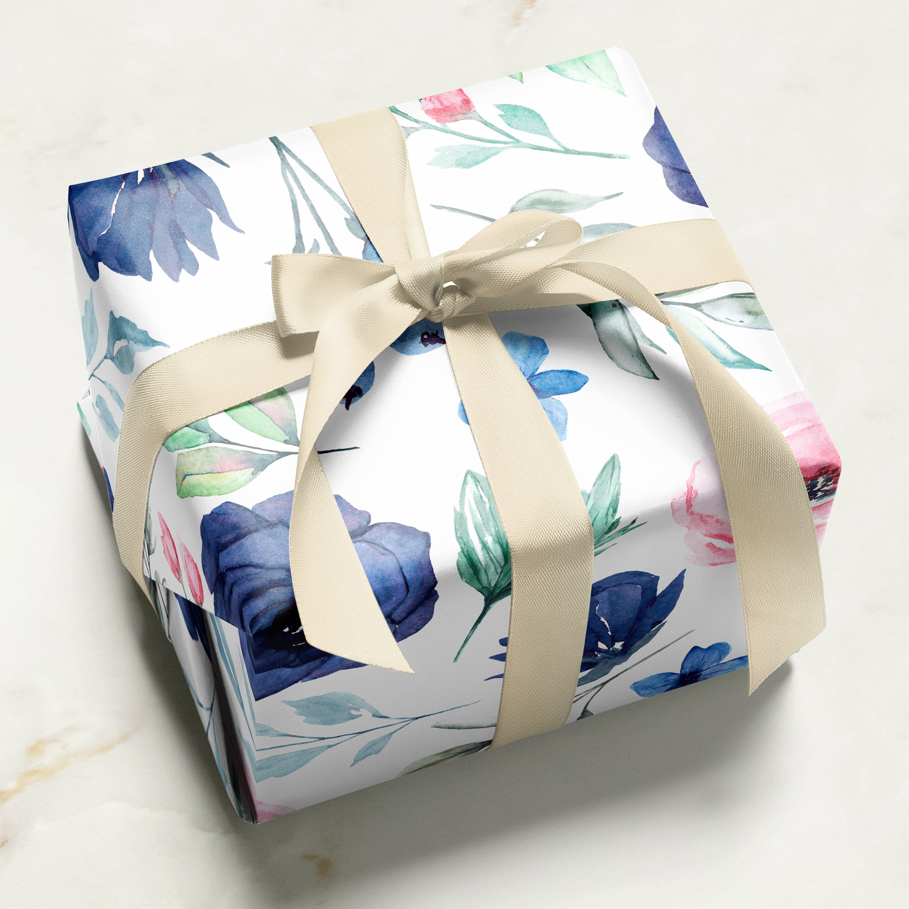 Blue Pink Flowers Wrapping Paper | Floral Gift Wrap | Wrapping Paper Rolls | Gift Wrap | Premium Gift Wrap | Wedding Gift Wrap | Watercolor