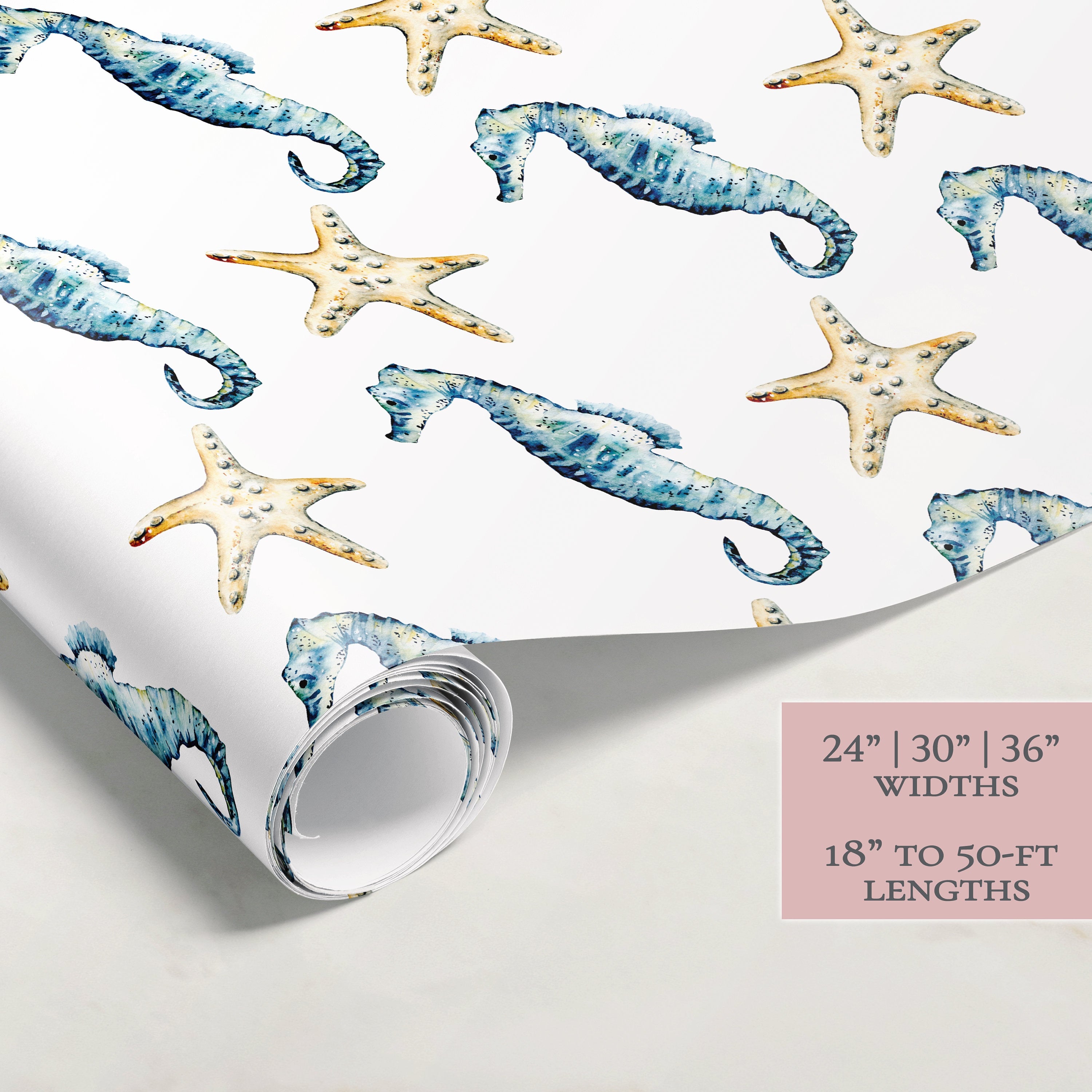 Seahorse Starfish Wrapping Paper | Gift Wrap | Wrapping Paper Rolls | Gift Wrap | Premium Gift Wrap | Underwater | Tropical Watercolor