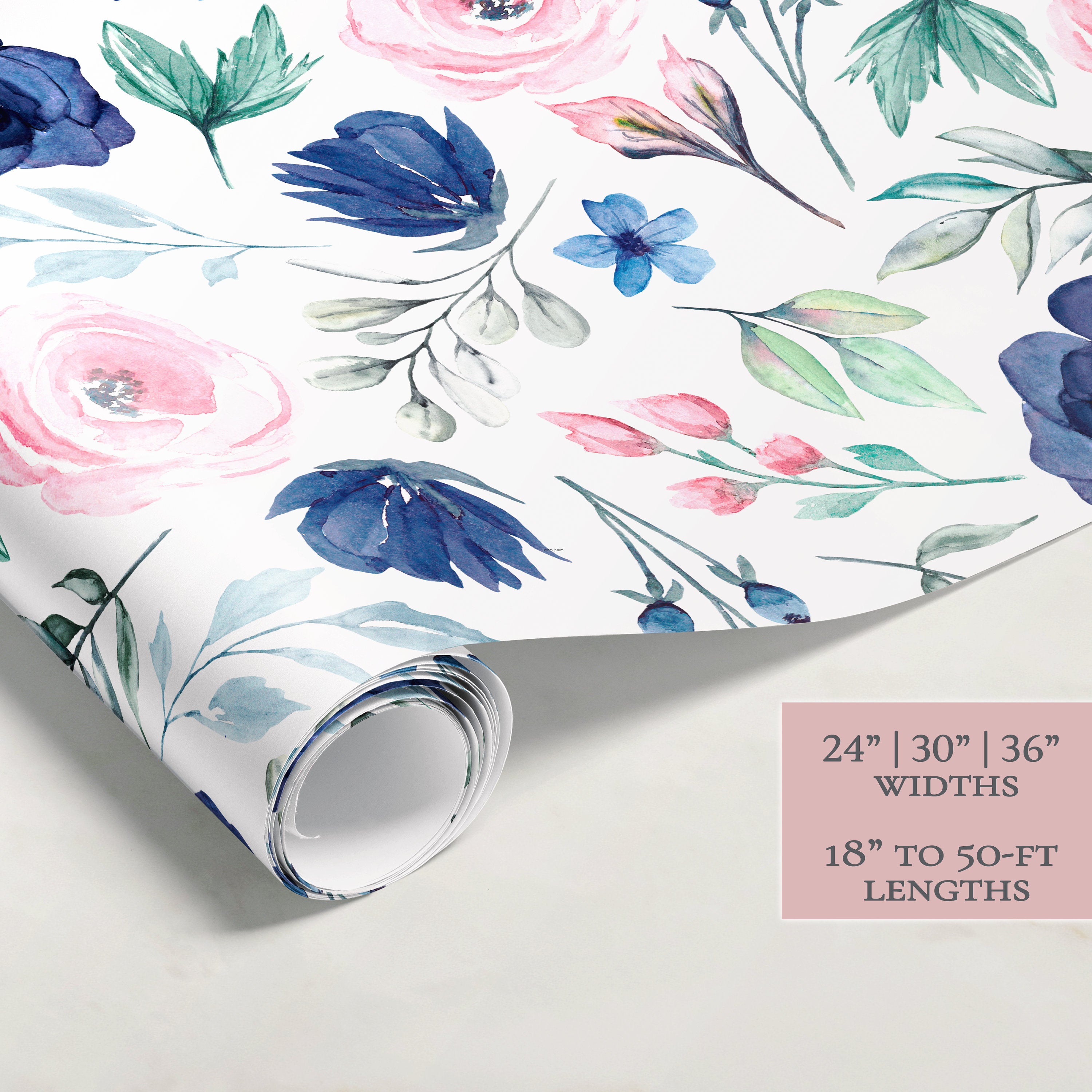 Blue Pink Flowers Wrapping Paper | Floral Gift Wrap | Wrapping Paper Rolls | Gift Wrap | Premium Gift Wrap | Wedding Gift Wrap | Watercolor