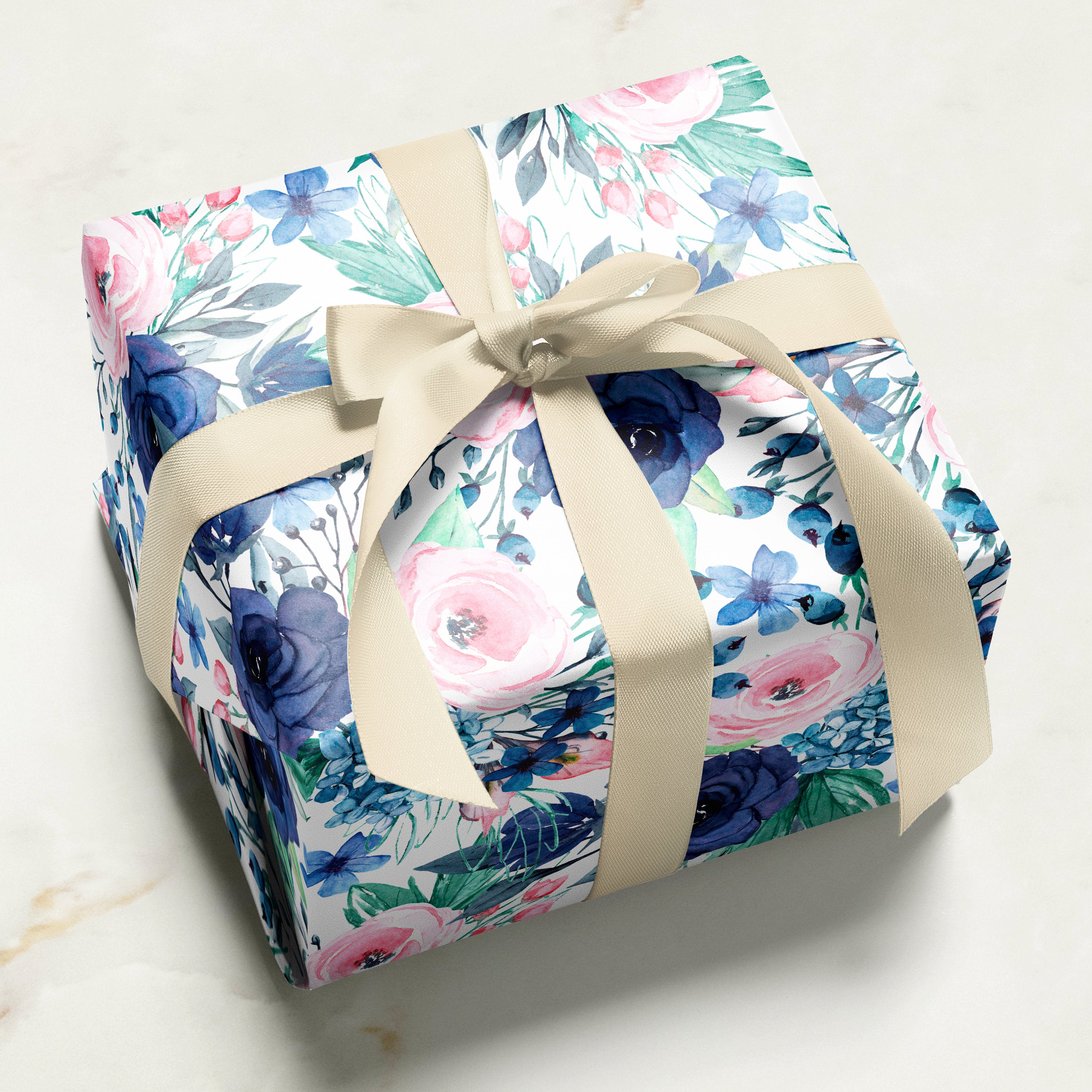 Blue Pink Flowers Wrapping Paper | Floral Gift Wrap | Wrapping Paper Rolls | Gift Wrap | Premium Gift Wrap | Wedding Gift Wrap | Watercolor