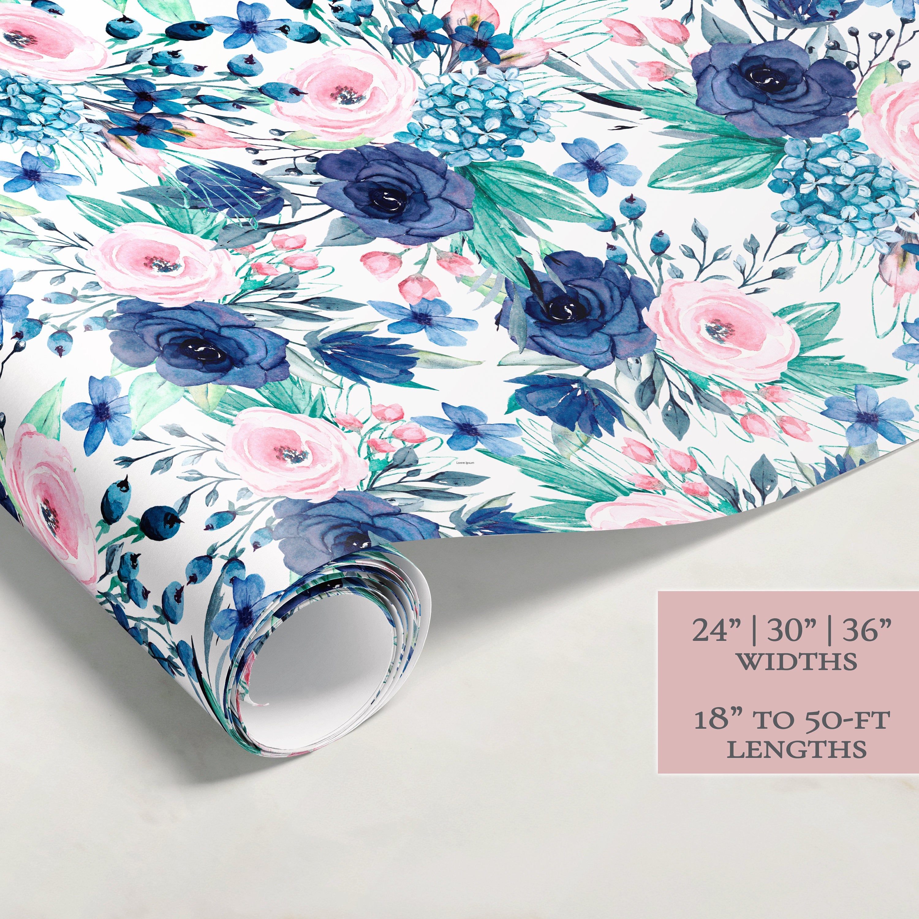 Blue Pink Flowers Wrapping Paper | Floral Gift Wrap | Wrapping Paper Rolls | Gift Wrap | Premium Gift Wrap | Wedding Gift Wrap | Watercolor