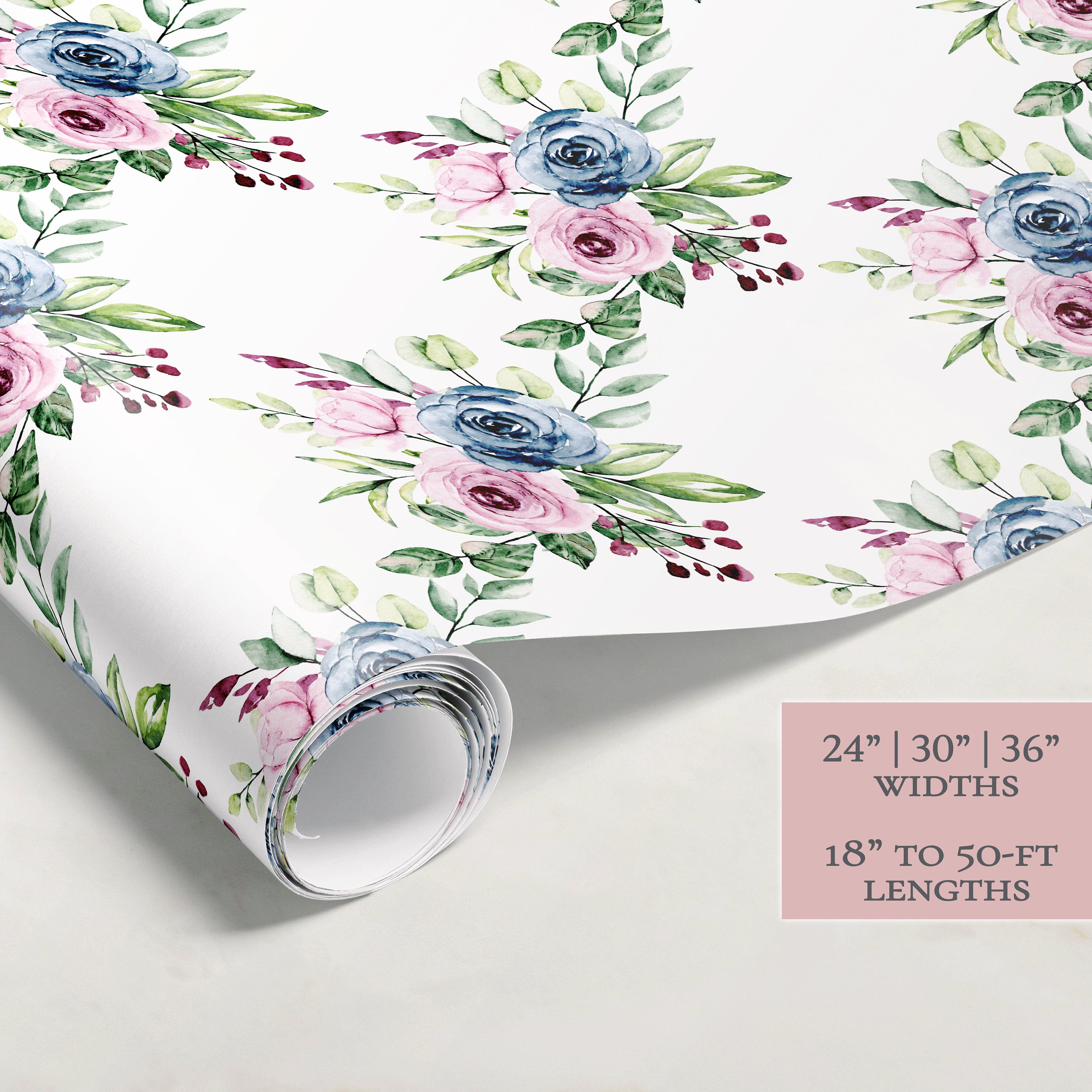 Blue Pink Flowers Wrapping Paper | Floral Gift Wrap | Wrapping Paper Rolls | Gift Wrap | Premium Gift Wrap | Wedding Gift Wrap | Watercolor