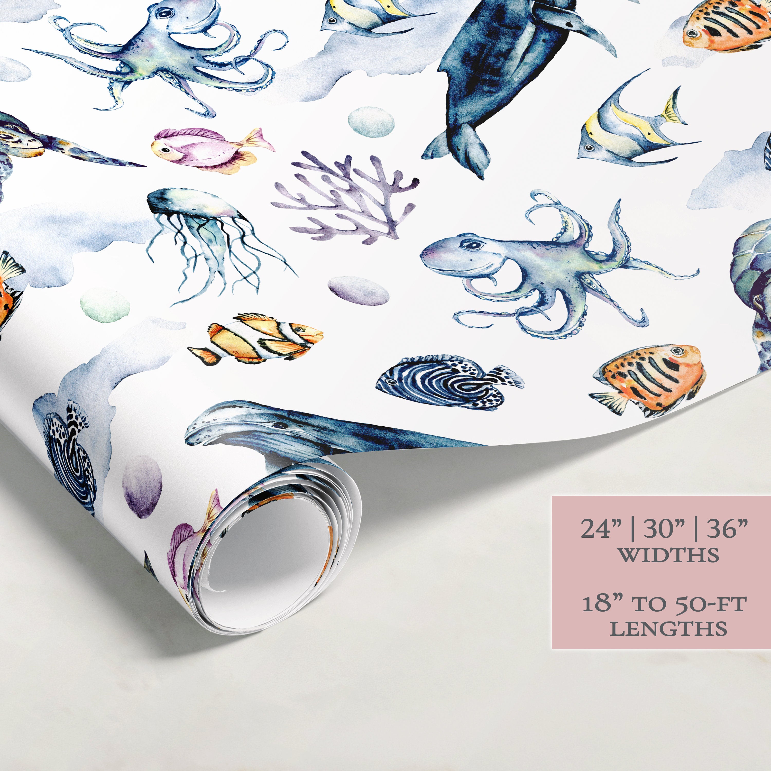 Ocean Sea Creature Wrapping Paper | Gift Wrap | Wrapping Paper Rolls | Gift Wrap | Premium Gift Wrap | Underwater | Tropical Watercolor