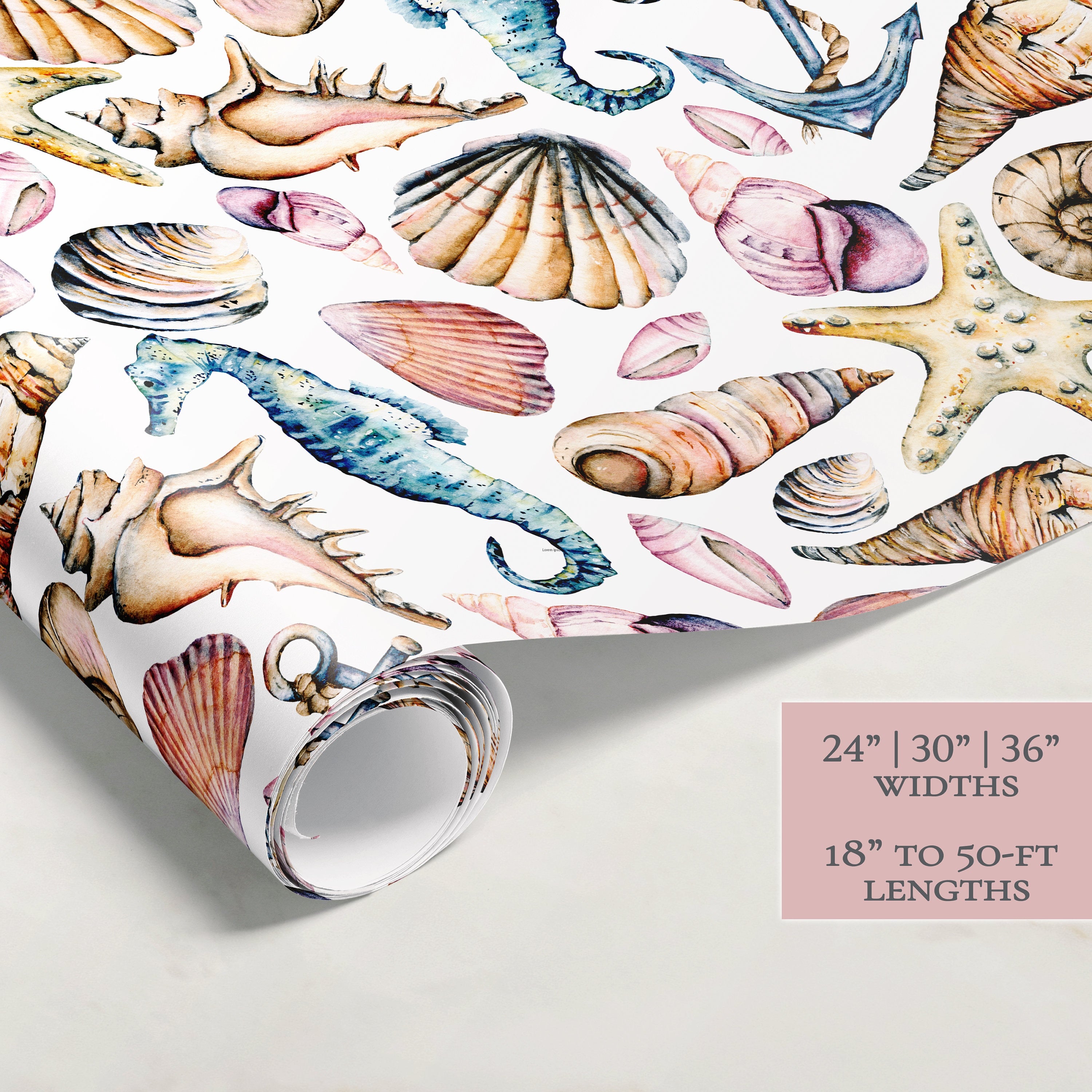 Seashell Wrapping Paper | Gift Wrap | Wrapping Paper Rolls | Gift Wrap | Premium Gift Wrap | Ocean | Anchor | Watercolor